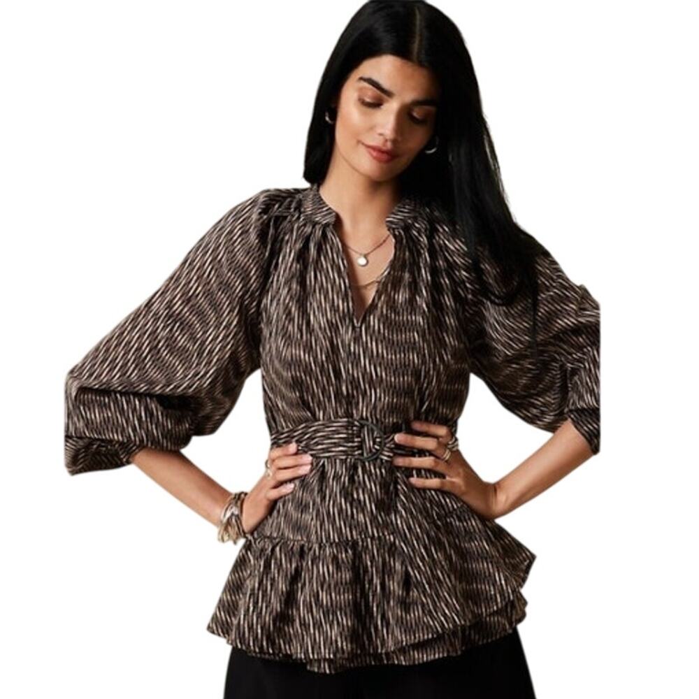 Banana Republic Tiered Blouse Brown & Black XS Long Puffy Sleeve Missing Belt